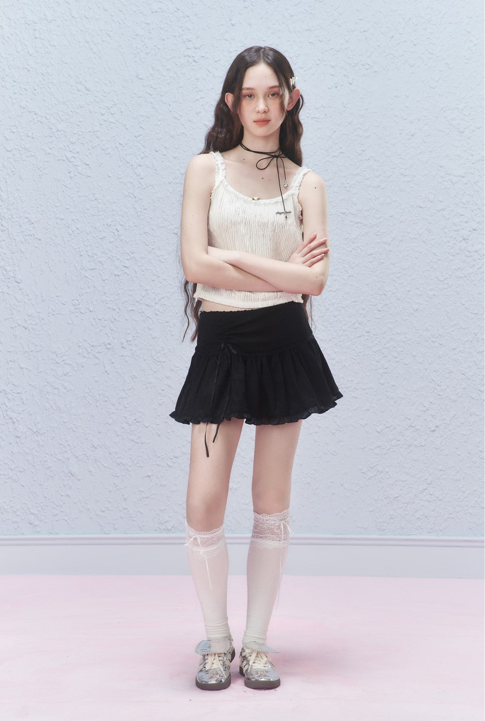 Lace Hem Ribbon Short Skirt AYF0029