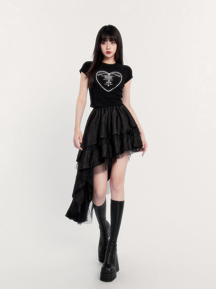 Micro-elastic Dark Rhinestone Heart Printed Short Sleeve T-shirt VOC0238