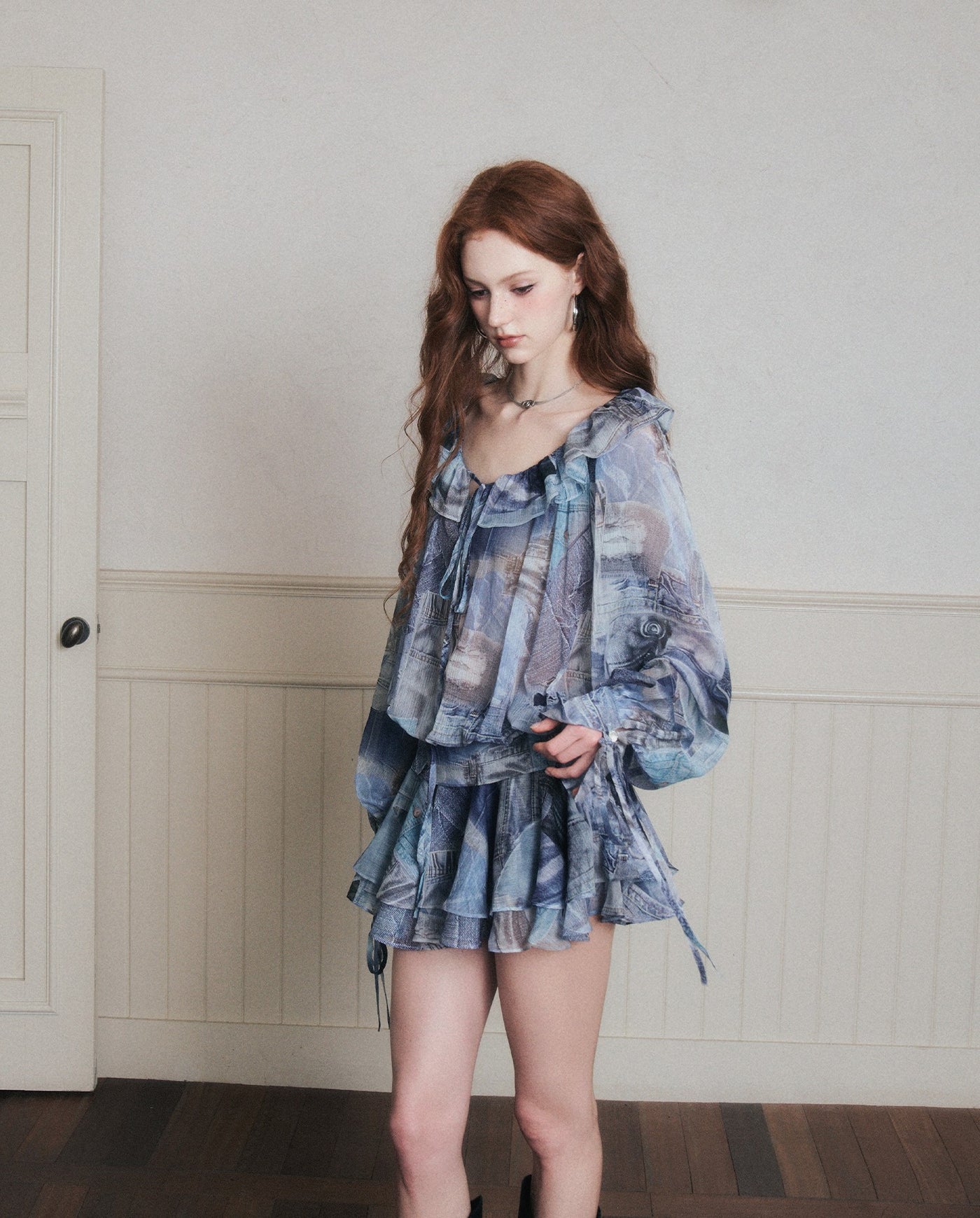 Ruffle Denim Full Print Chiffon Shirt Dress LUL0175