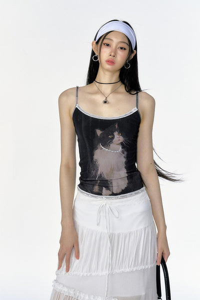 Cute Cat Print Black Lace Mesh Camisole CUR0109