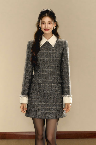 Check Wool Small Fragrance Waist Slim A-line Dress OSH0094