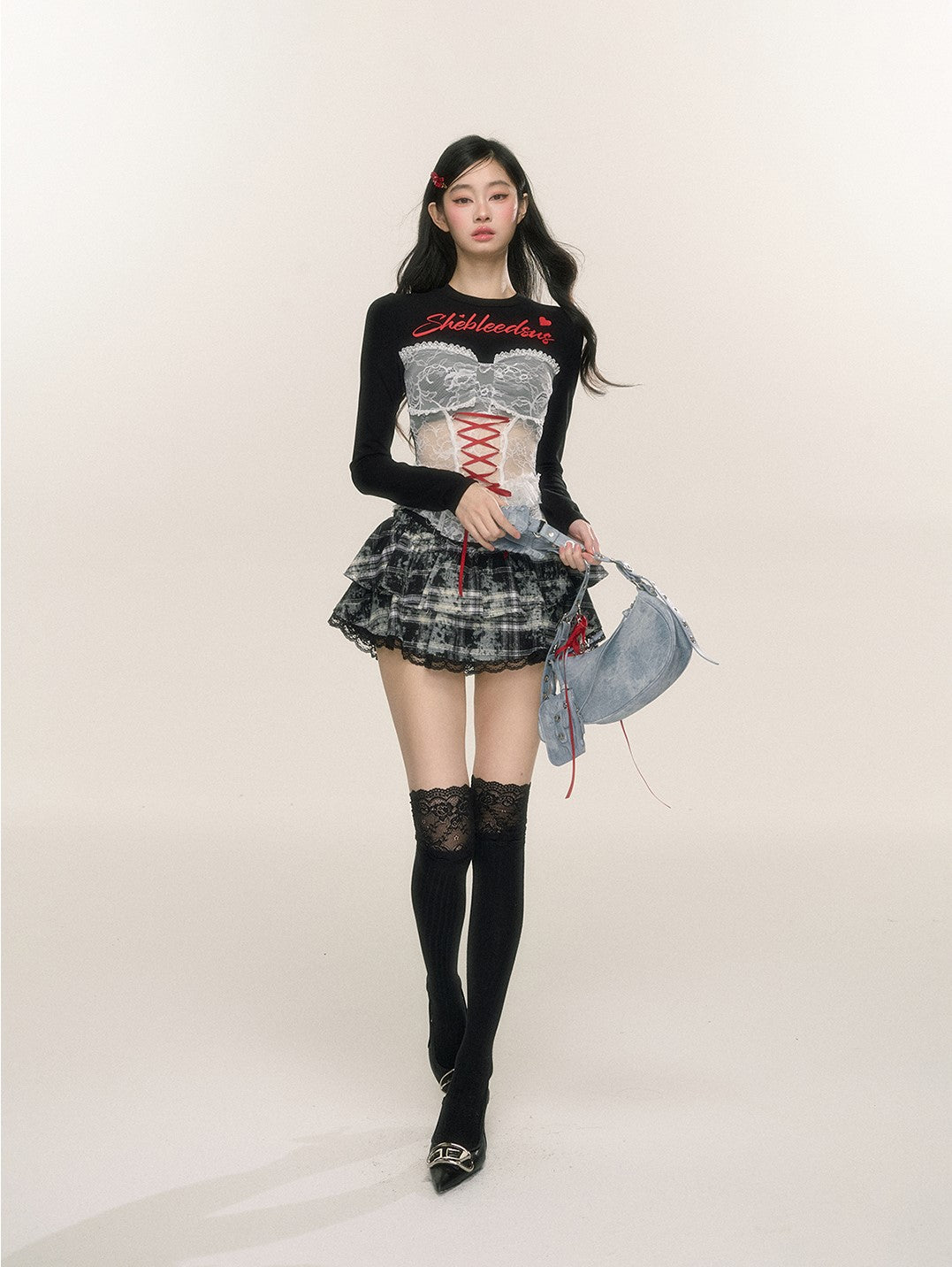 Lace Plaid A-line Slim Cake Short Skirt DIA0224