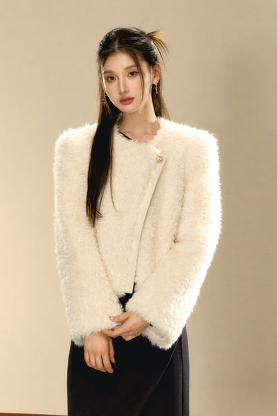 Eco-friendly Fur Asymmetrical Warm Iimitation Lambswool Short Jacket OSH0095