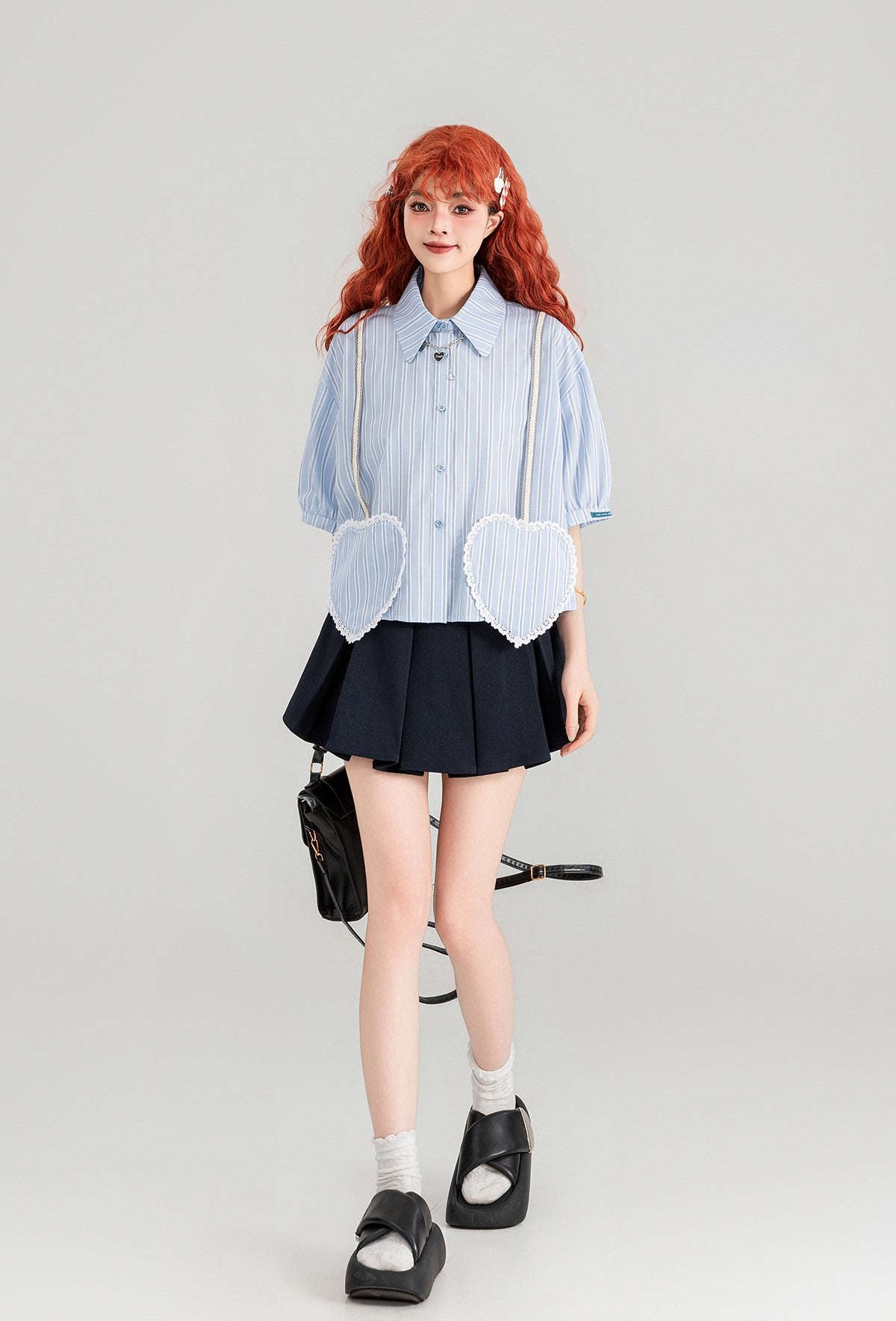 Blue Striped Heart-Shaped Pocket Short-Sleeved Shirt/Skirt KEI0087