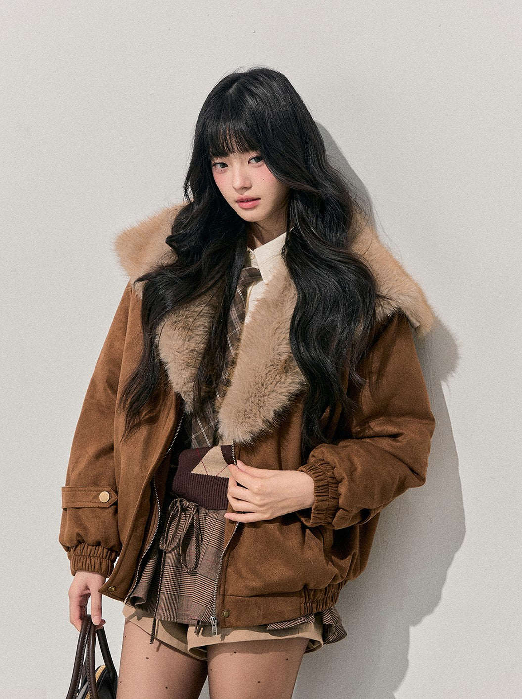 Brown Quilted Thick Detachable Fur Collar Jacket DIA0743