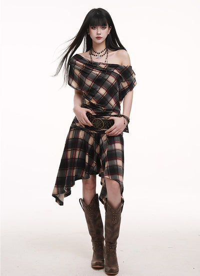 Off-shoulder Plaid Dress LAD0183