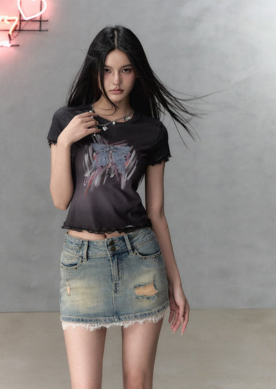 Bow Print Double-layer Round Neck Short-sleeved T-shirt VIA0128