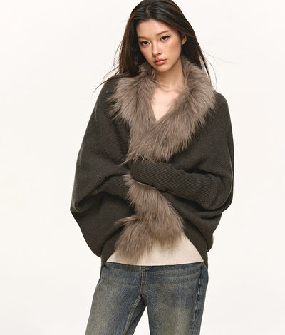 Fur Collar Patchwork Knitted Cardigan ANA0109