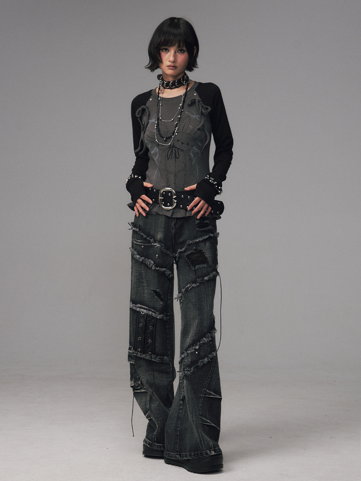 Street Punk Lace-up Studded Jeans FRU0124