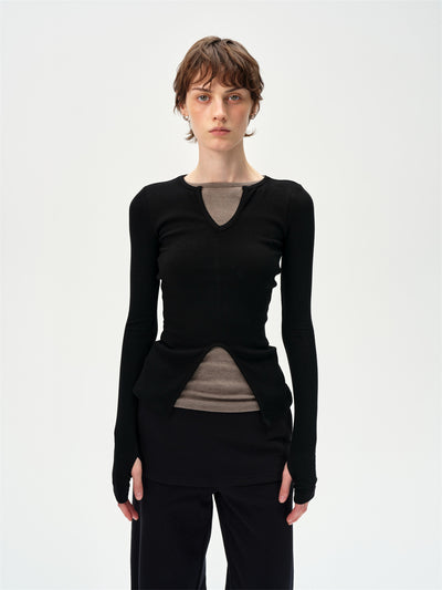 V-neck Patchwork Slit Hem T-shirt CUR0263