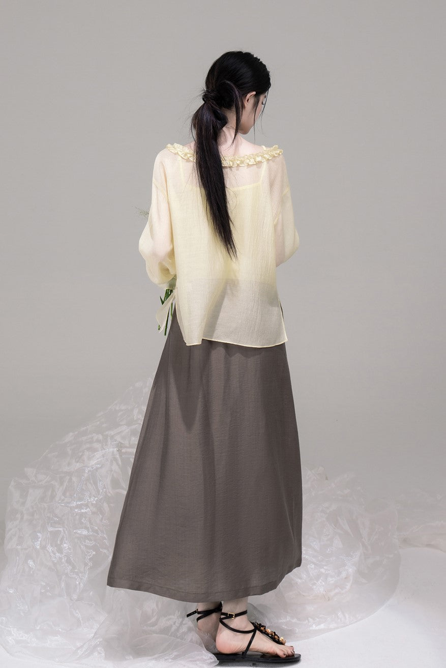 Brown Casual A-Line Drape Skirt COT0305