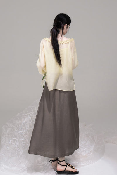 Brown Casual A-Line Drape Skirt COT0305