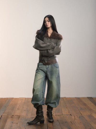 Fur Collar Wide-Sleeve Sweater Cardigan VIA0364