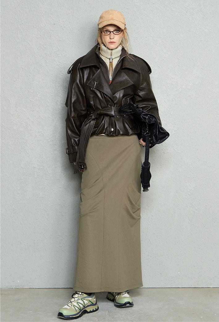 Modern Silhouette Cloud Hem Shiny Leather Velvet Jacket OFA0189