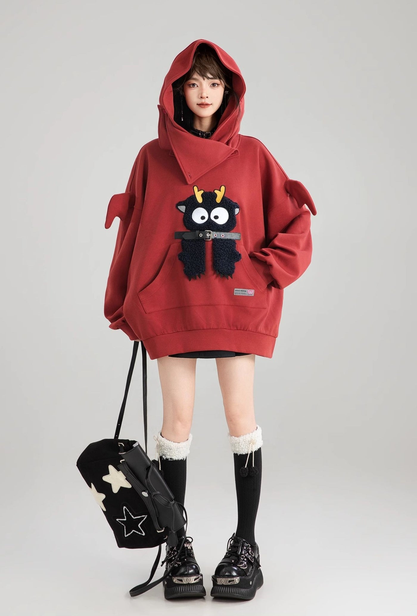 Cartoon Embroidered Lazy Style Loose Hoodie/Black Skirt KEI0179