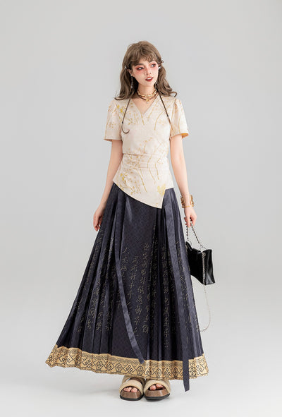 Chinese Character Printing Pleated Long Skirt KEI0069