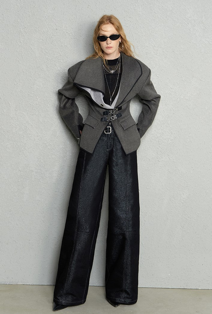 Double-faced Contrast Color Silhouette Dropped Shoulder Woolen Suit Jacket OFA0191