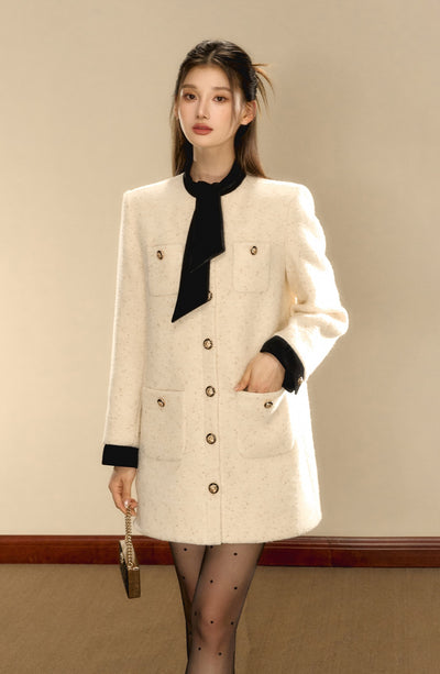 French Style High-end Bow Gold Button Contrast Coat OSH0086