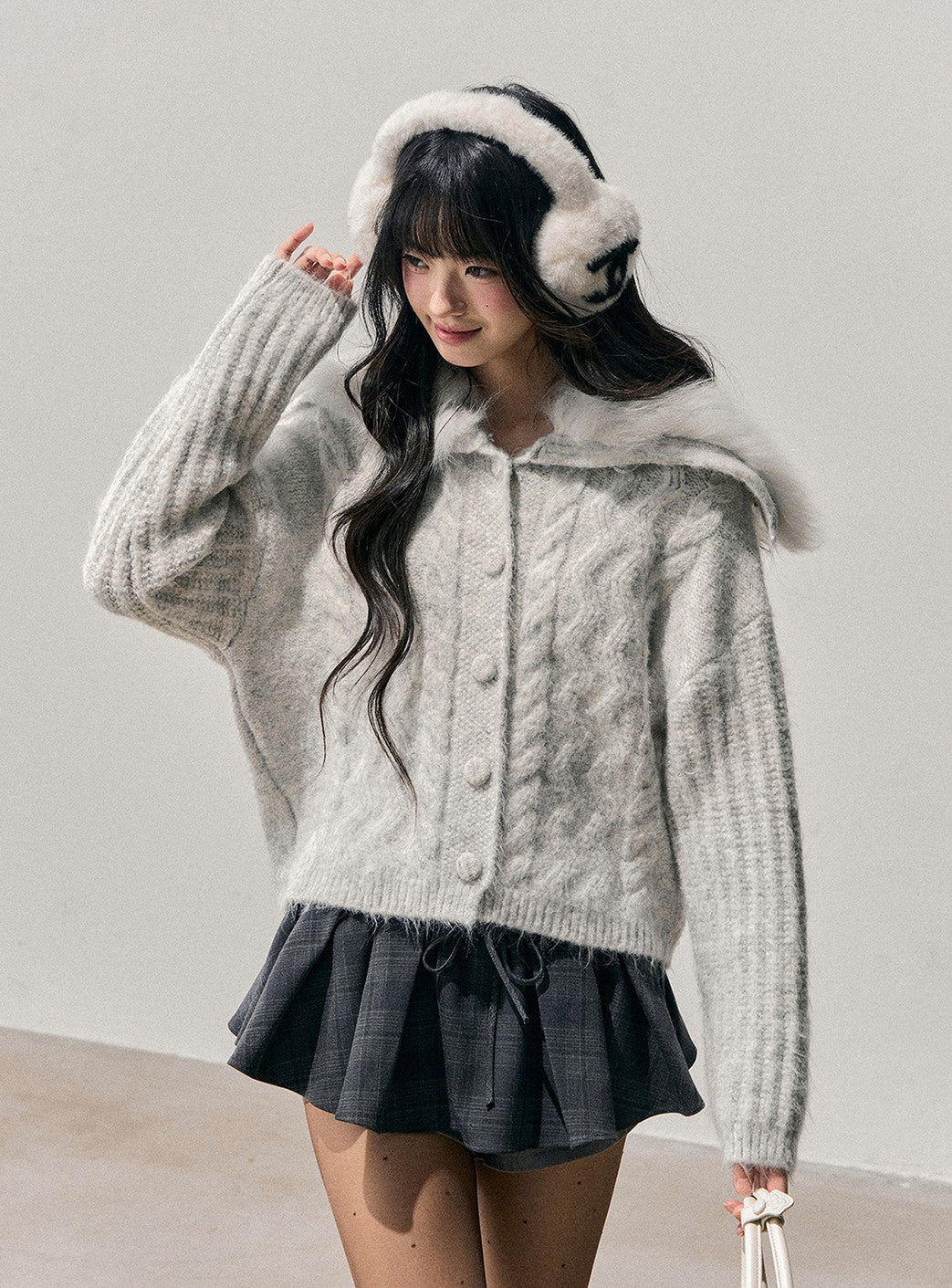 Large Fur Collar Knit Cardigan DIA0733