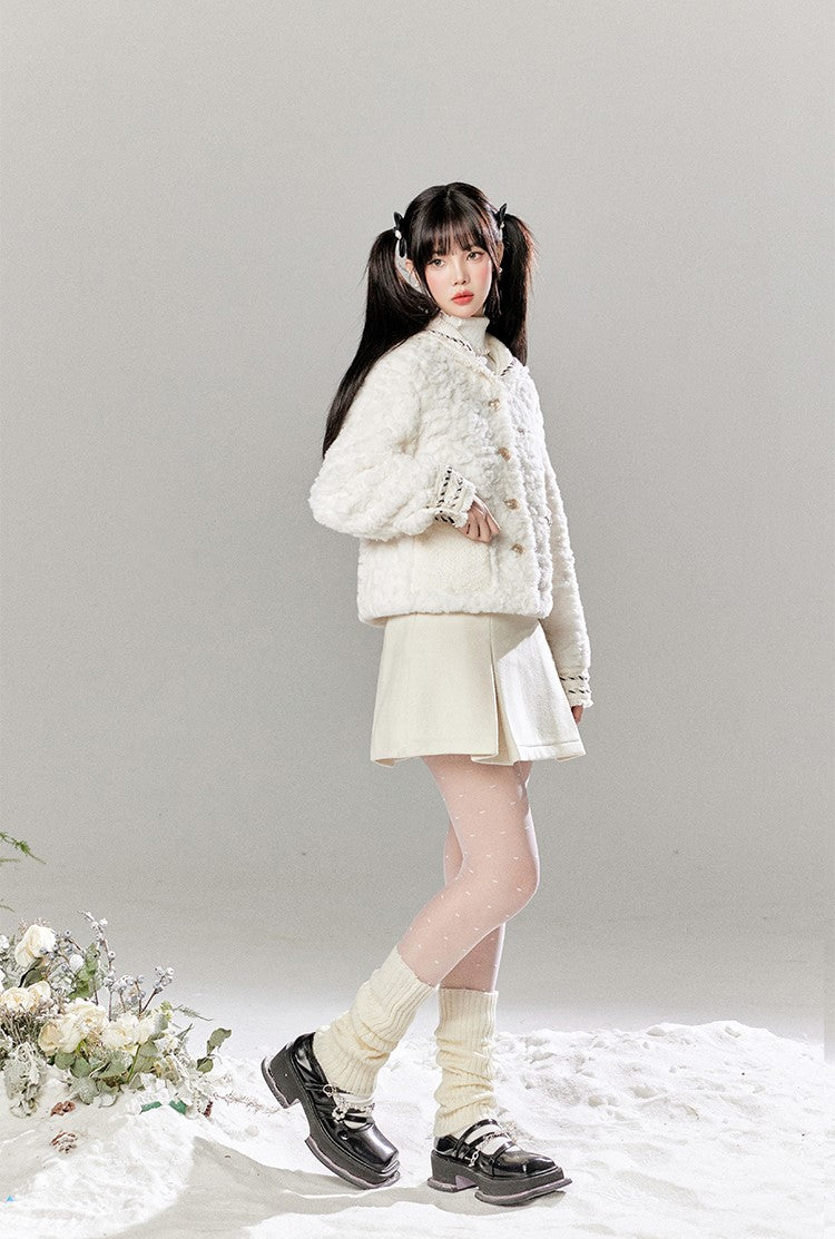 Luxurious Style Spliced Wool Cotton Jacket/Pleated Skirt TBI0047