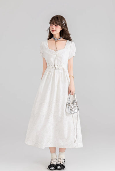 French Belt White Jacquard Square Collar Long Dress KEI0100