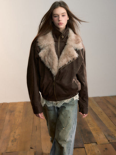 Loose-fitting Faux Two-Piece Fur Collar Jacket VIA0353
