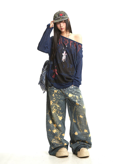 Retro Print Oblique Shoulder T-shirt UNC0289
