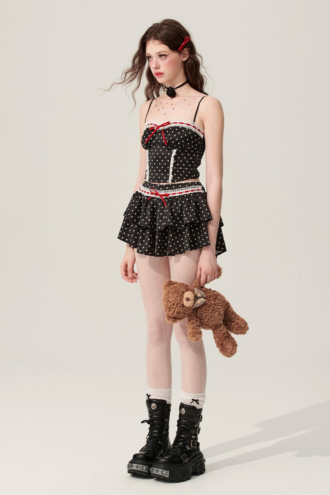 Black Polka Dot Suspender Top/A-line Slimming Short Skirt DIA0171
