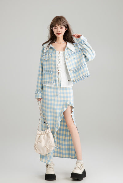 Blue And White Plaid French Short Jacket/Slit Skirt KEI0169