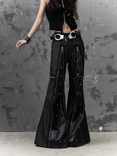 Street Punk Rivet Zipper Cross Wide Leg Flared Pants FRU0047