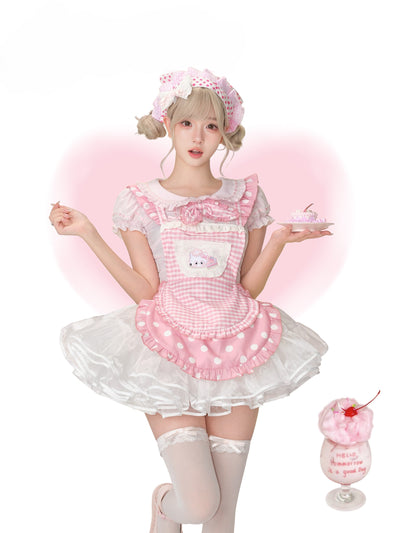 Pink Bow Shirt/Plaid Apron/White Skirt SER0158