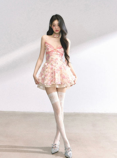 Lace Floral Suspender Puffy Dress DIA0445