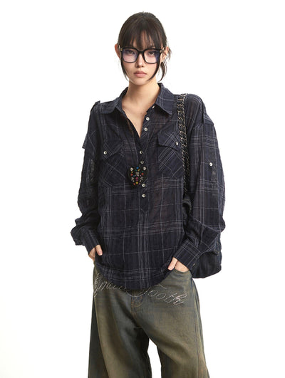 Retro Navy Plaid Long Sleeve Shirt UNC0275