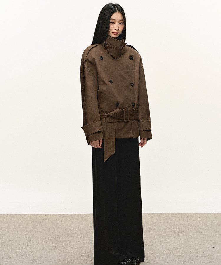 Dark Brown Stand Collar Short Trench Coat ANA0112