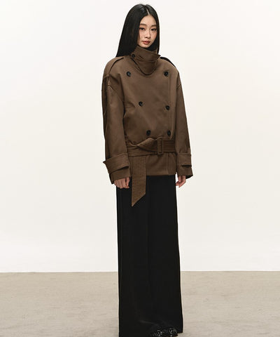 Dark Brown Stand Collar Short Trench Coat ANA0112