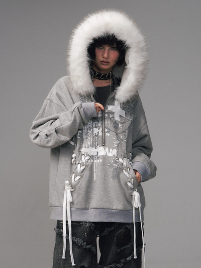 Print Half-Open Zipper Hooded Sweatshirt FRU0125