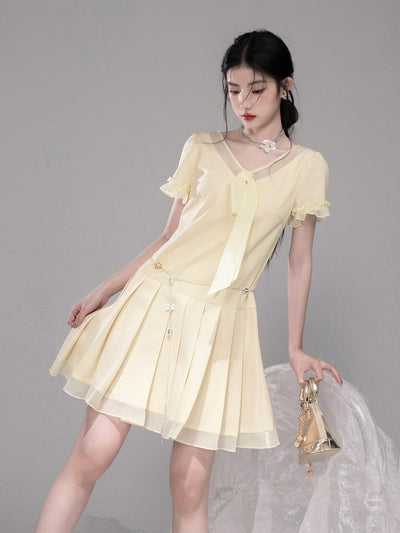 Honey Yellow Pleated Mesh Dress COT0321