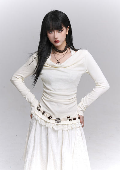 Off-Shoulder Long Sleeve Halter Neck Top LAD0231