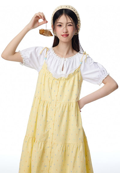 Yellow Dotted Open-front Loose A-line Suspender Dress/White Shirt NTO0090