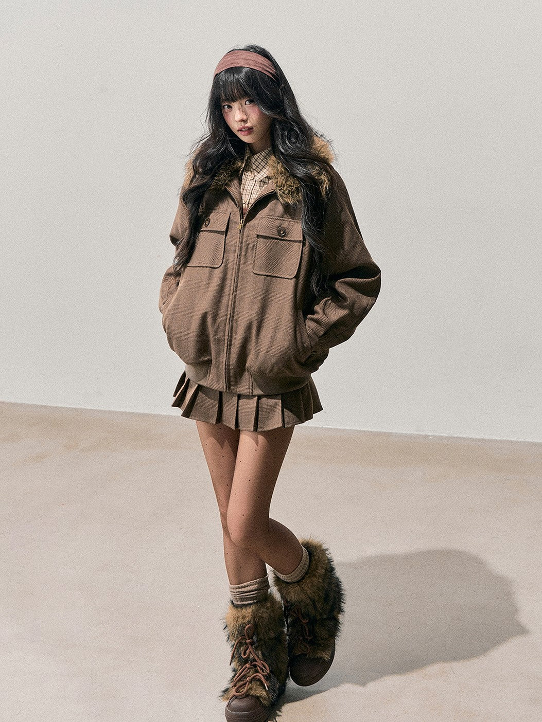 Brown Quilted Jacket/Pleated Skirt DIA0724