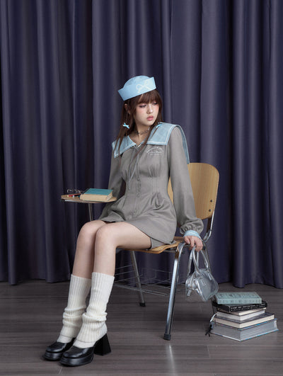 Gray-blue Sailor Collar Waist Dress/Shorts SAG0191