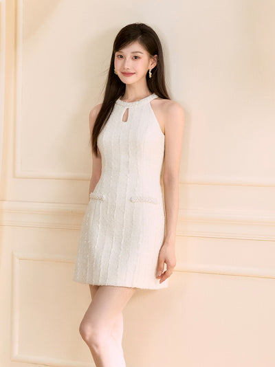 White Halter Neck Beaded Dress OSH0134