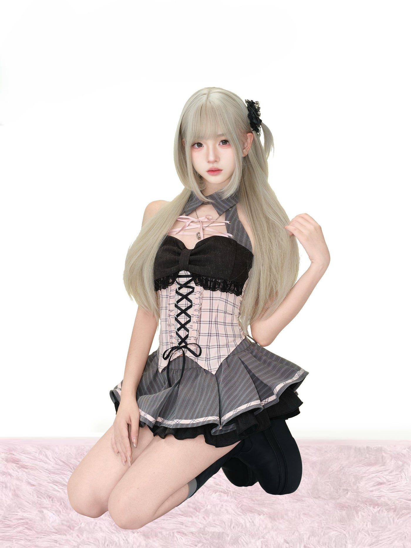 Lace Plaid Top/Gray Striped Skirt SER0152