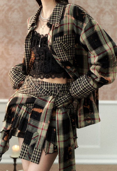 Lace Camisole/Plaid Shirt/Irregular Skirt VIA0151