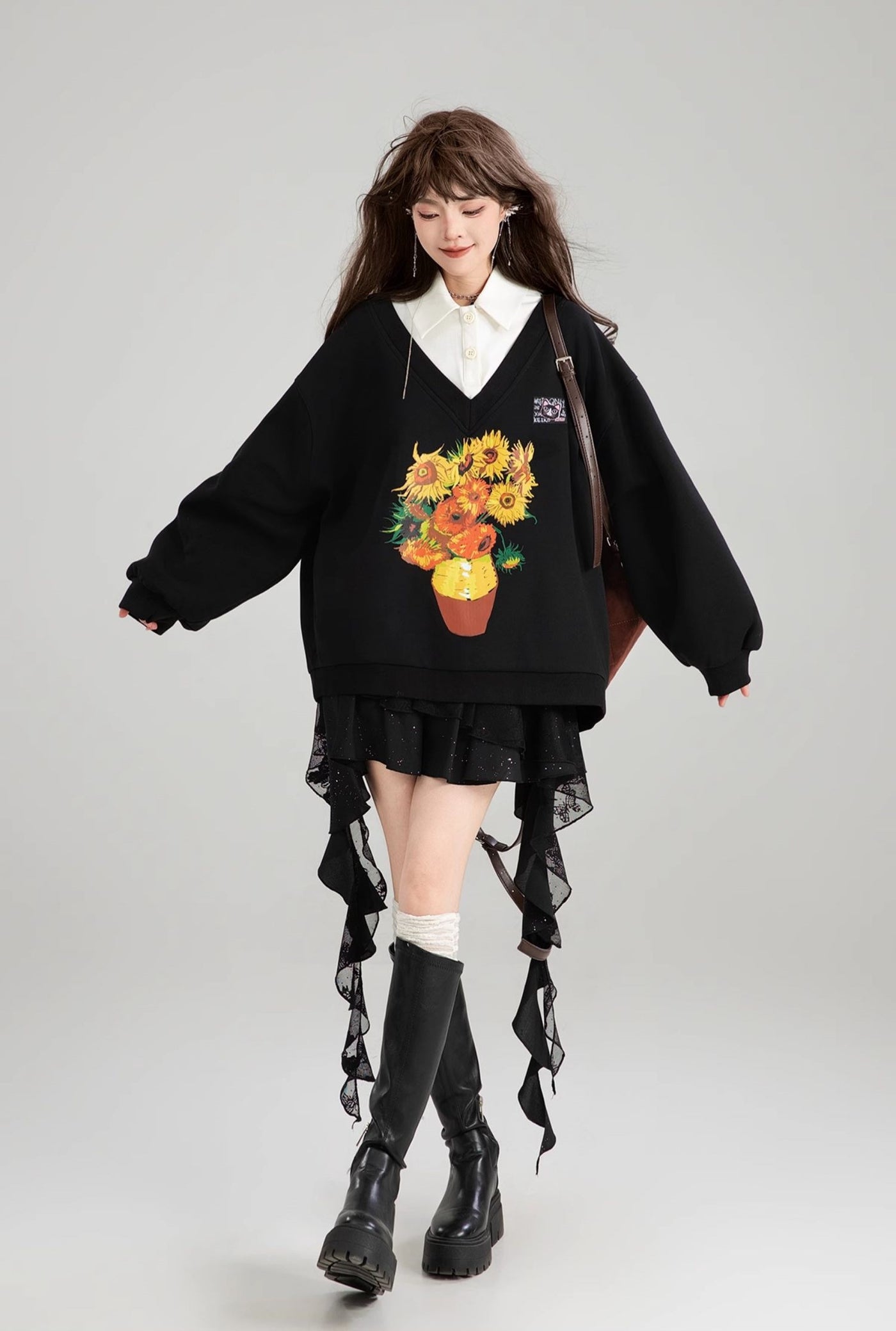 Sunflower Painting Print Fake Two-piece Polo Collar Sweatshirt/Skirt KEI0182