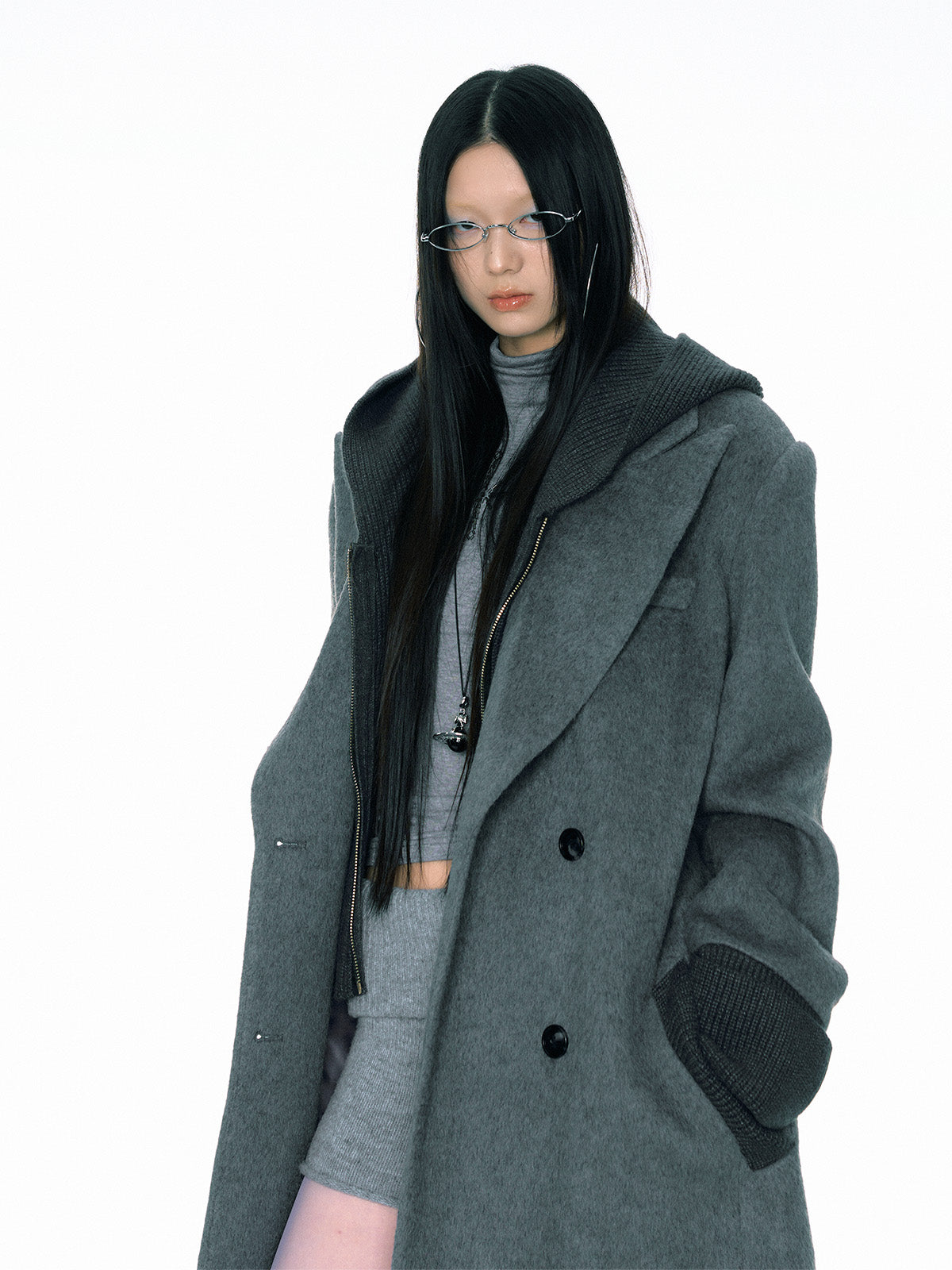 Retro Fake Two-piece Ribbed Splicing Removable Hooded Wool Coat CUR0155