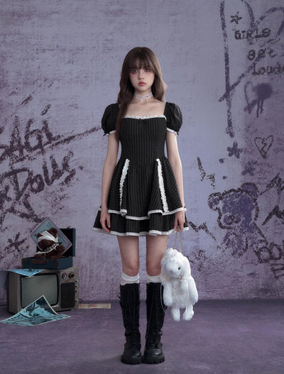 Black Striped Lace Cake Dress SAG0267