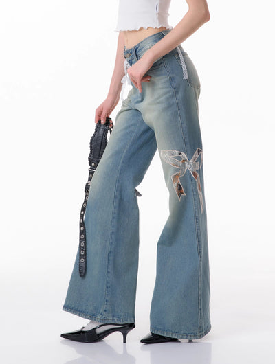 High-waist Bow Patch Micro-flared Jeans ZIZ0078