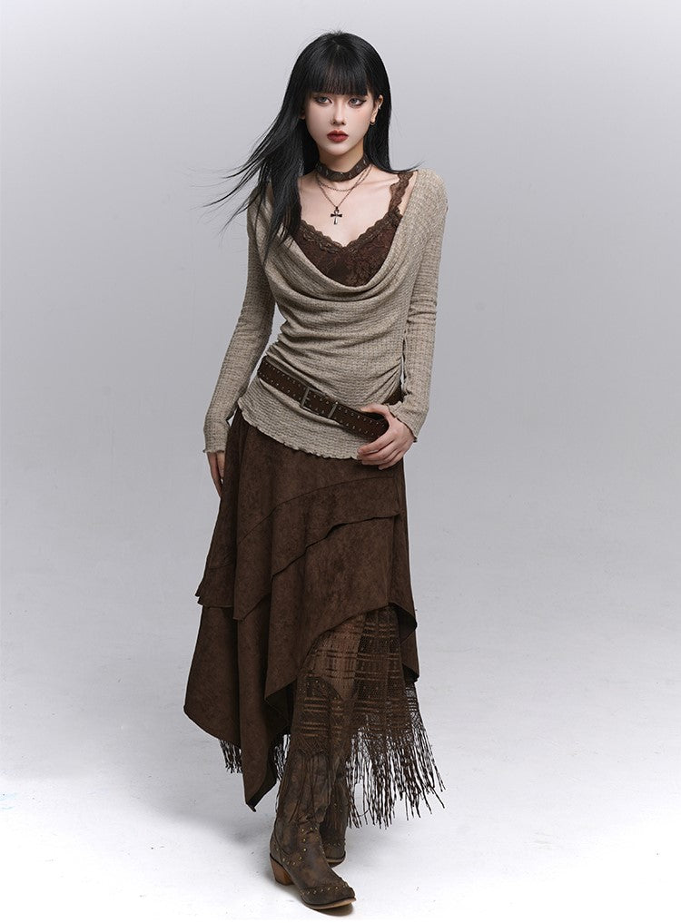 Velvet Brown A-line Cake Midi Skirt LAD0233
