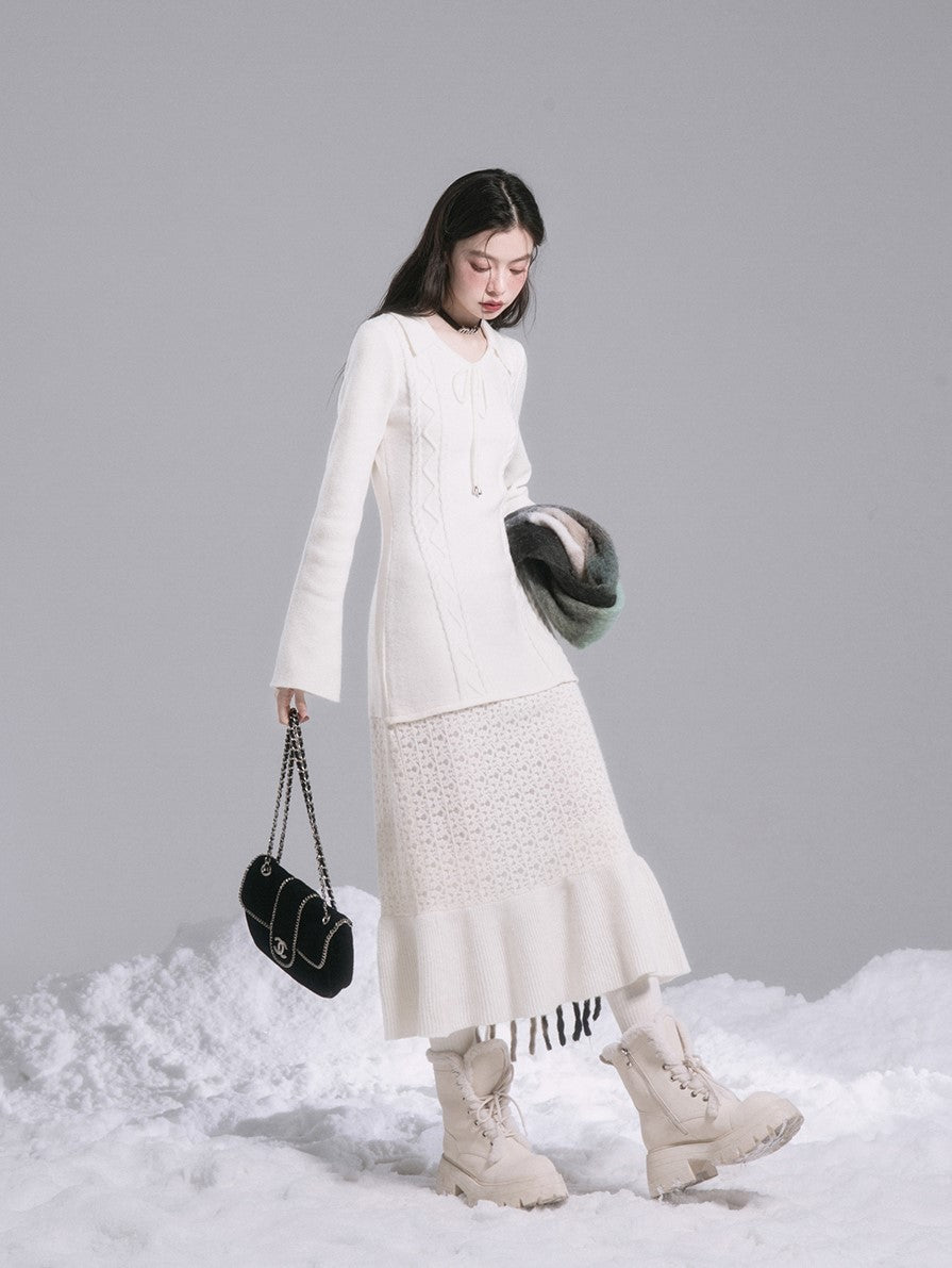 White Gardenia Half-Warm Lace Stitching Wool Dress COT0193